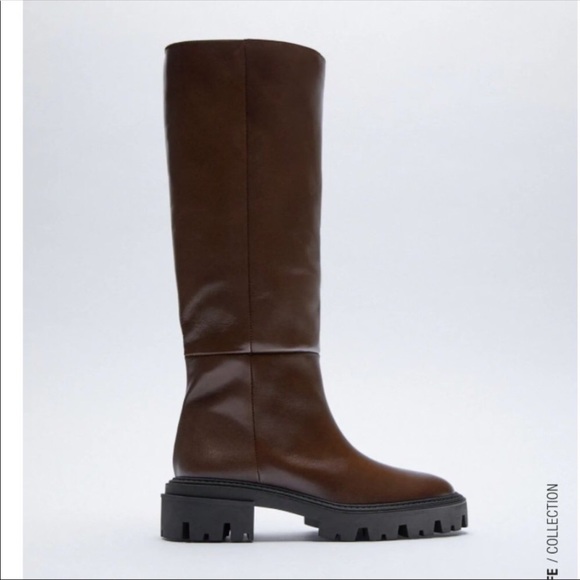 Zara Leather Brown Tall Boots 8 - Picture 3 of 16